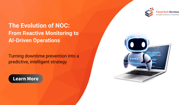 AI-driven NOC operations banner showing intelligent automation robot and predictive IT monitoring concept