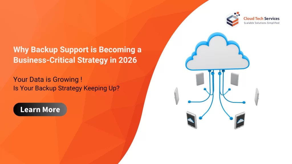 Cloud backup support illustration showing connected devices and data protection strategy for business continuity in 2026