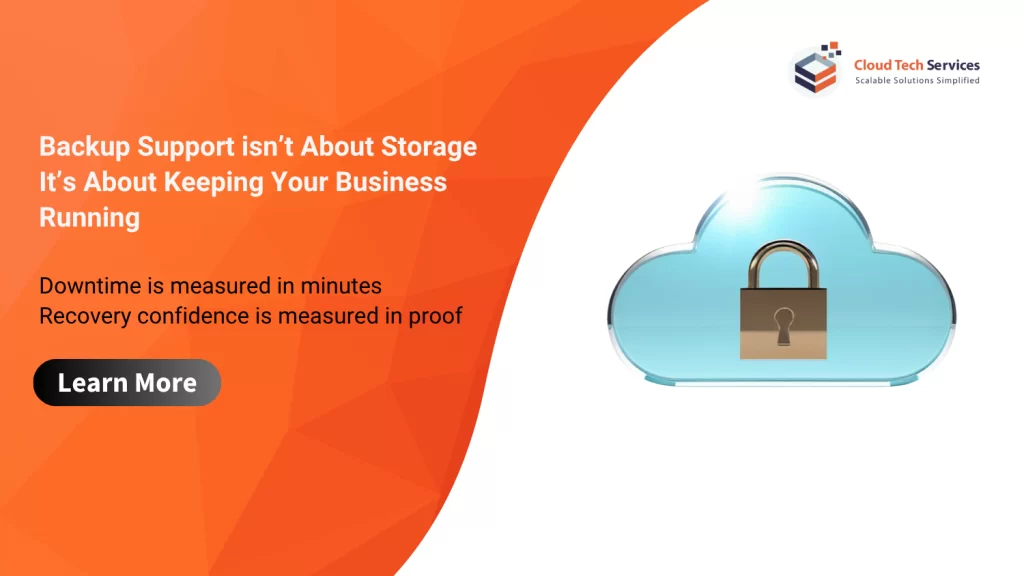 Backup support for business continuity showing secure cloud with lock and message about reducing downtime and ensuring recovery readiness