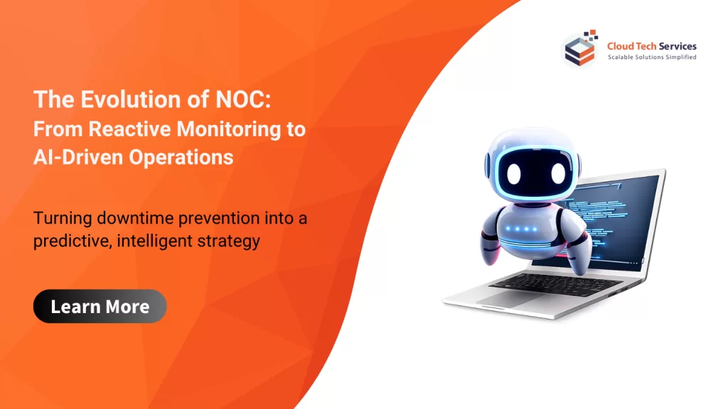 AI-driven NOC operations banner showing intelligent automation robot and predictive IT monitoring concept